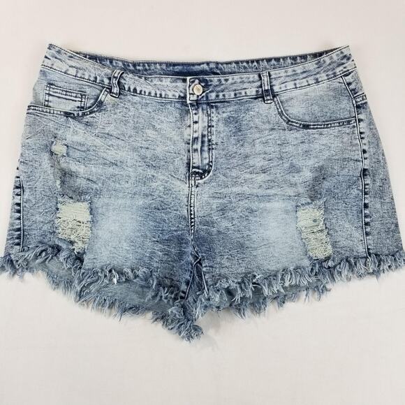 Denim Shorts Womens 2XL Light Wash Distressed Frayed Raw Hem High Rise Stretch - Picture 6 of 6